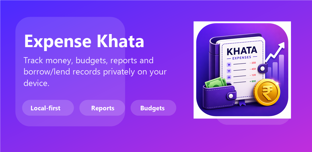 Expense Khata feature graphic with app screens and finance highlights