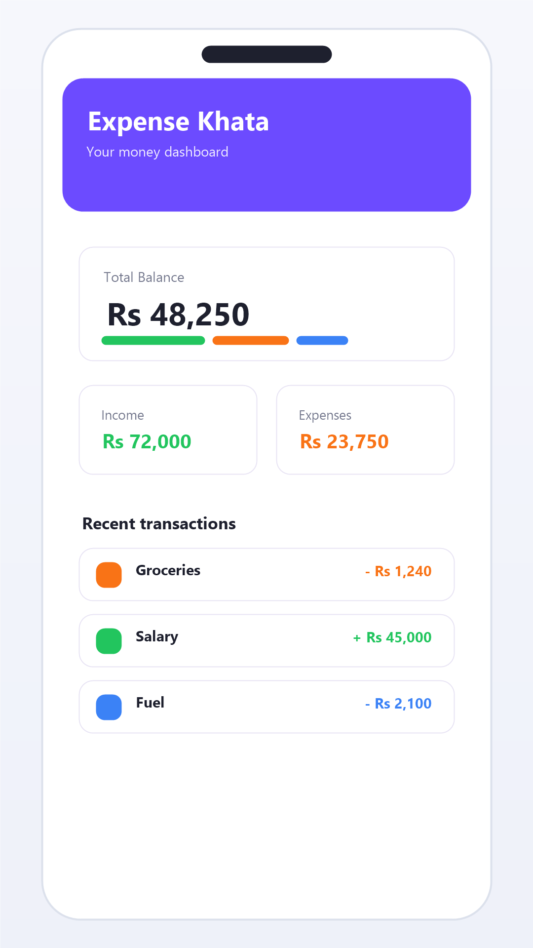 Expense Khata dashboard screen showing income, expense and balance summary