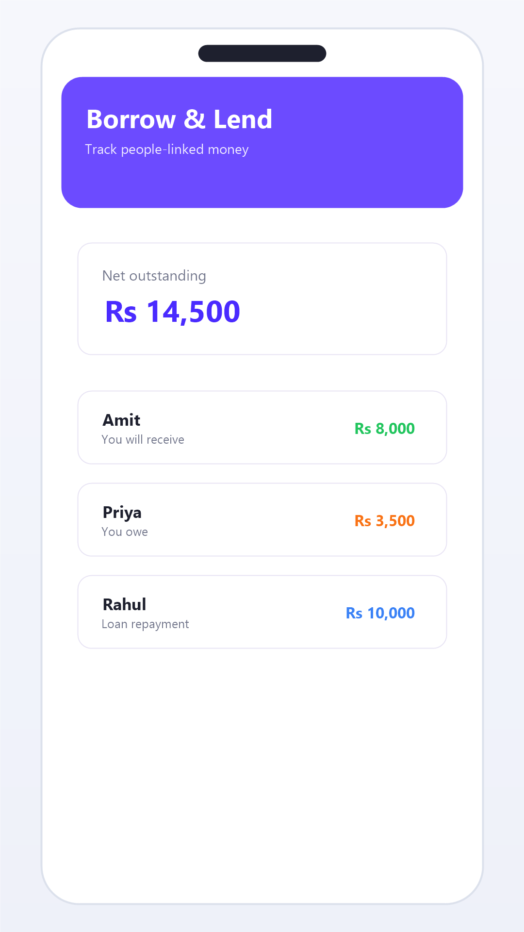 Borrow lend tracking screen in Expense Khata