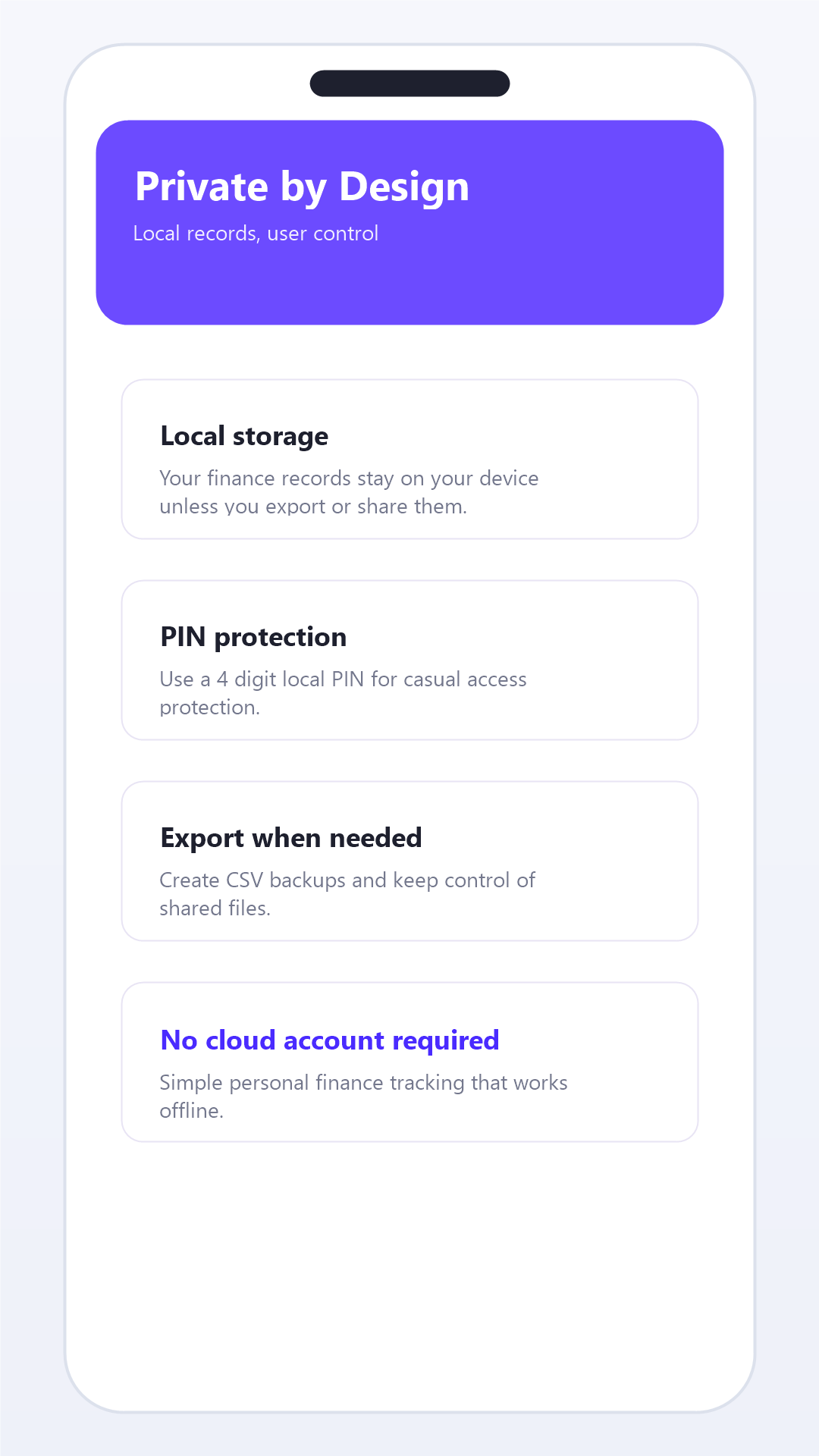 Privacy and local-first feature screen in Expense Khata