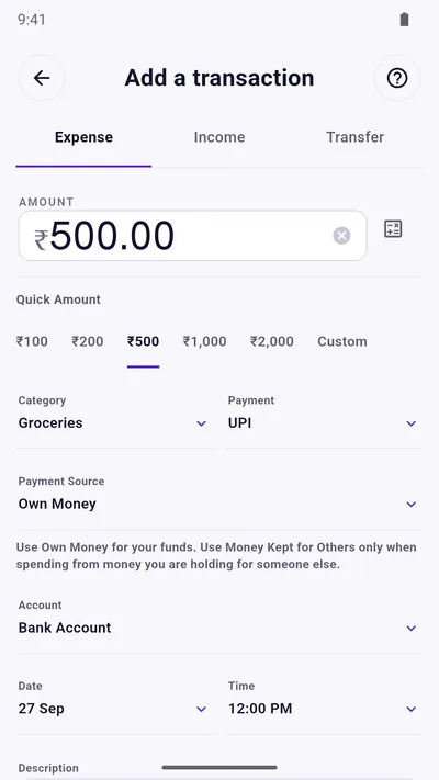 Expense Khata add-expense screen with amount, category, account and payment method