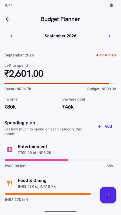 Expense Khata budget planner with monthly limits and progress for each category