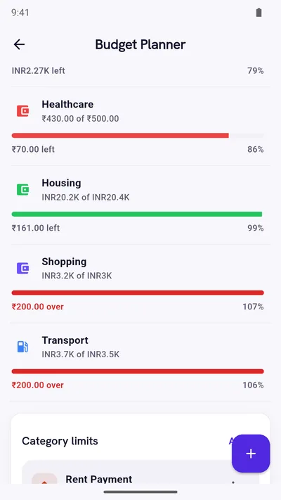Expense Khata spending plan with a progress bar per category, two of them over their limit