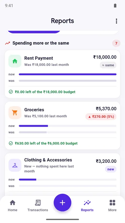 Expense Khata Compare cards: each category with its icon, this month and last month bars, the change and the budget left
