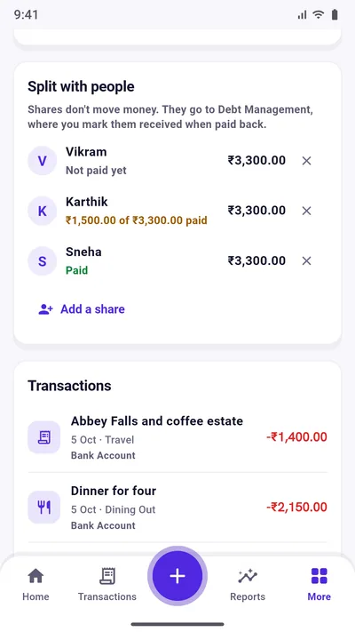 Expense Khata event split: Sneha has paid her share, Karthik part paid and Vikram not paid yet, with the trip’s transactions below