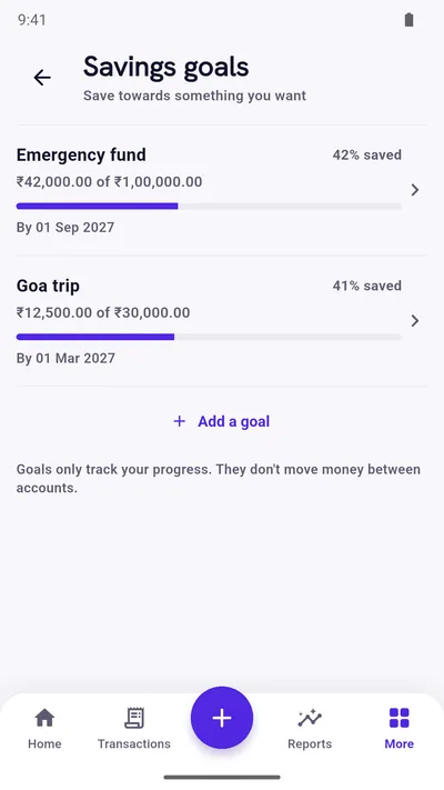 Expense Khata savings goals: an emergency fund and a Goa trip with amount saved, percent saved and target date