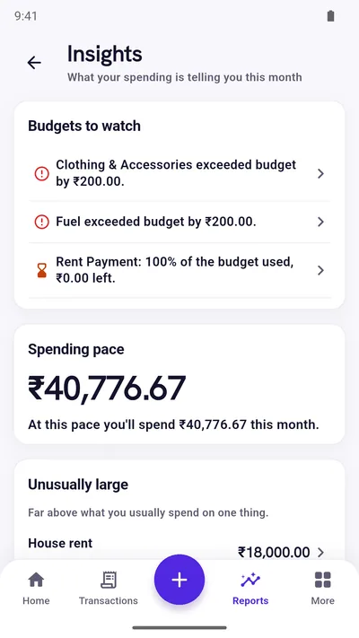 Expense Khata insights screen with plain-language findings about your spending