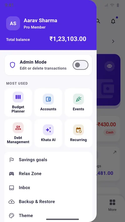 Expense Khata quick menu: total balance, Admin Mode, most used screens such as Budget Planner, Events and Khata AI, and Relax Zone and Inbox