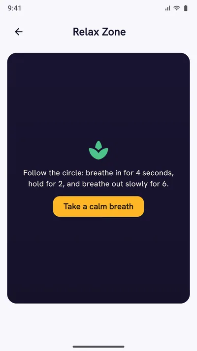 Expense Khata Relax Zone: a guided calm breath, in for 4 seconds, hold for 2, out for 6