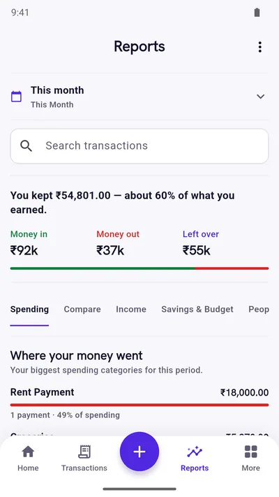 Expense Khata reports screen with monthly income, spending and category breakdown