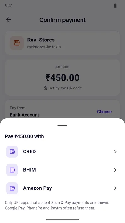 Expense Khata Scan & Pay: choose a UPI app on your phone to pay ₹450 with