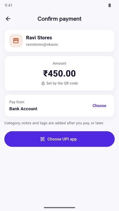 Expense Khata Scan & Pay confirm screen: paying Ravi Stores ₹450 set by the QR code, from Bank Account