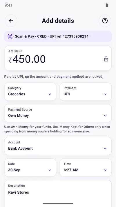 Expense Khata add-details form for a Scan & Pay expense, with the UPI amount locked and the category filled in