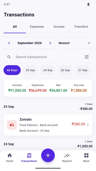 Expense Khata transaction list grouped by day with categories and amounts