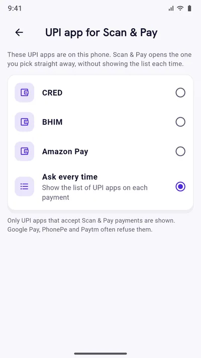 Expense Khata setting to choose the UPI app Scan & Pay always opens: CRED, BHIM or Amazon Pay, or ask every time